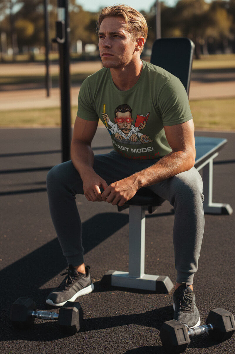 Determined athlete resting on a workout bench, wearing the Sovereign Emblem "Beast Mode" t-shirt in Army Green.