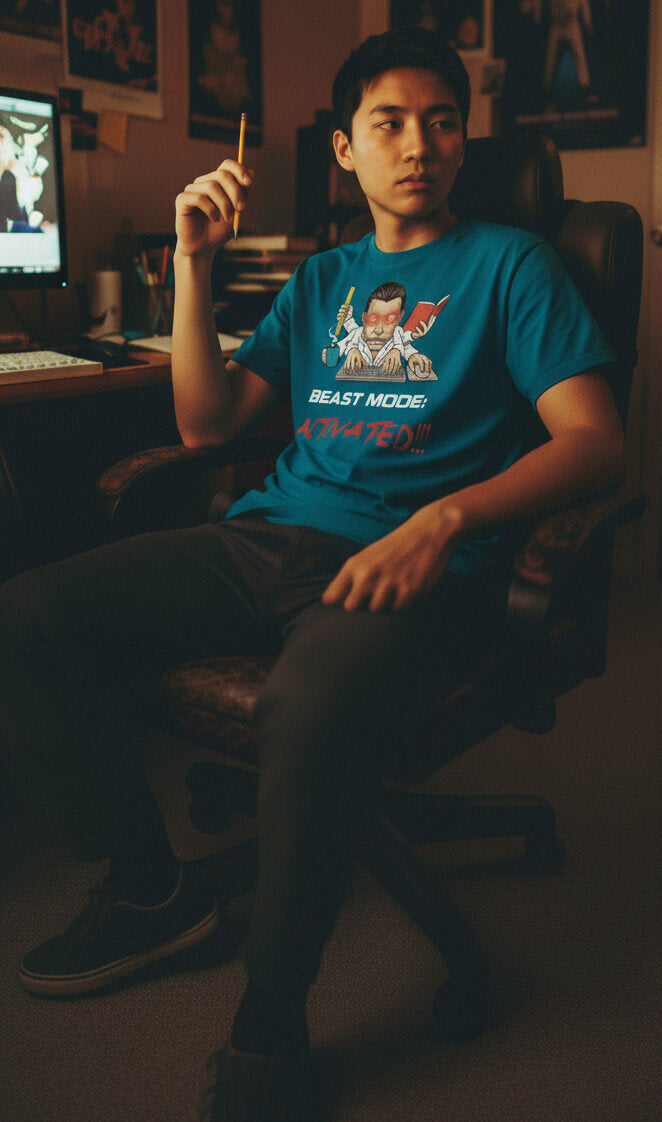 Focused man studying or working at his desk at night, wearing the Sovereign Emblem "Beast Mode" t-shirt.