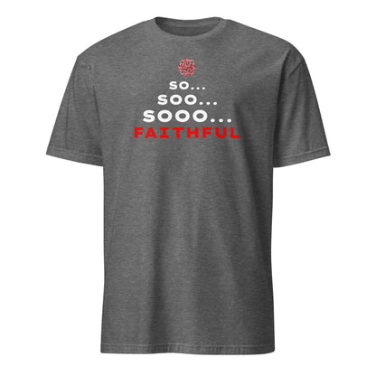 Front view of the funny 'So... Sooo... Faithful' t-shirt in Graphite Grey Heather.