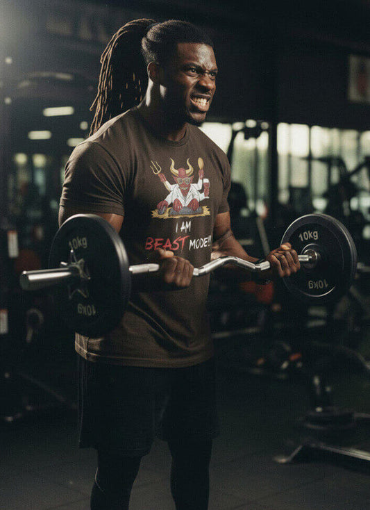 Muscular man doing an intense bicep curl at the gym, wearing the Sovereign Emblem "Beast Mode" t-shirt.