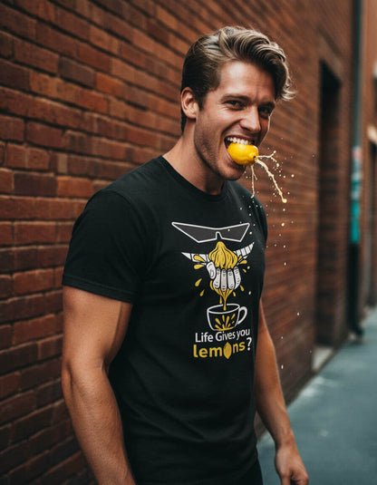 Model with a chaotic laugh biting into an exploding lemon, wearing the Sovereign Emblem "Life Gives You Lemons?" t-shirt.