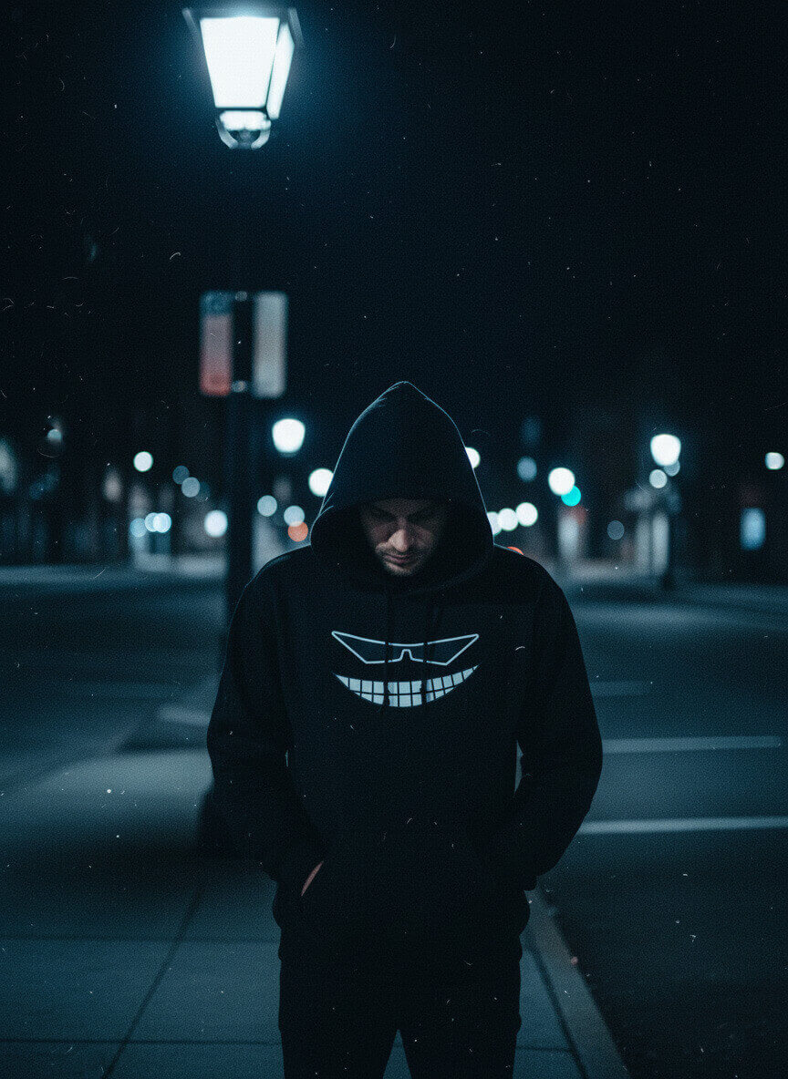Model in a black Sovereign Grin hoodie standing under a streetlamp on a dark city street at night.