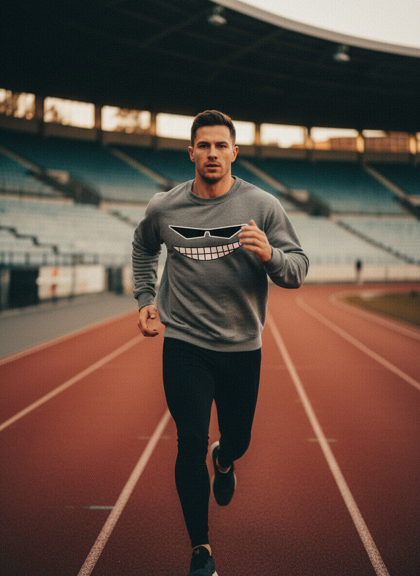 Determined athlete running on a track, wearing the grey Sovereign Emblem "Sovereign Grin" sweatshirt.