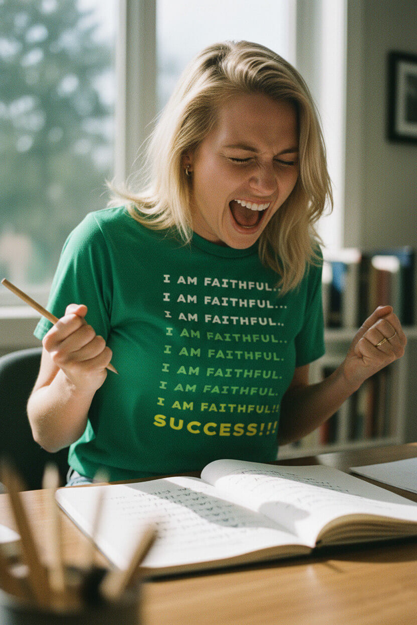 A triumphant woman in a green 'I AM FAITHFUL... SUCCESS!!' t-shirt celebrates finishing her repetitive task of writing the same lines over and over in a notebook.