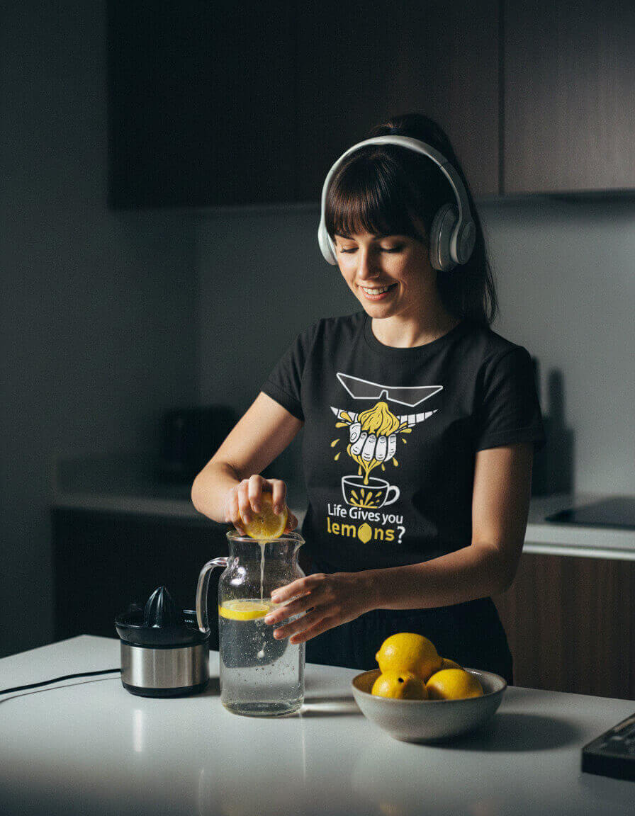 Model with headphones on, smiling while making a pitcher of lemonade and wearing the Sovereign Emblem "Life Gives You Lemons?" t-shirt.