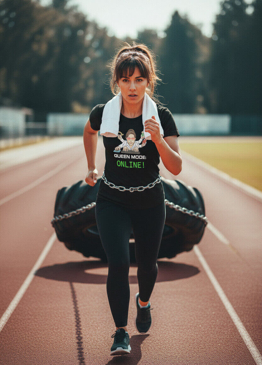 Determined athlete training on a track by pulling a large tire, wearing the black "Queen Mode: ONLINE!" t-shirt.