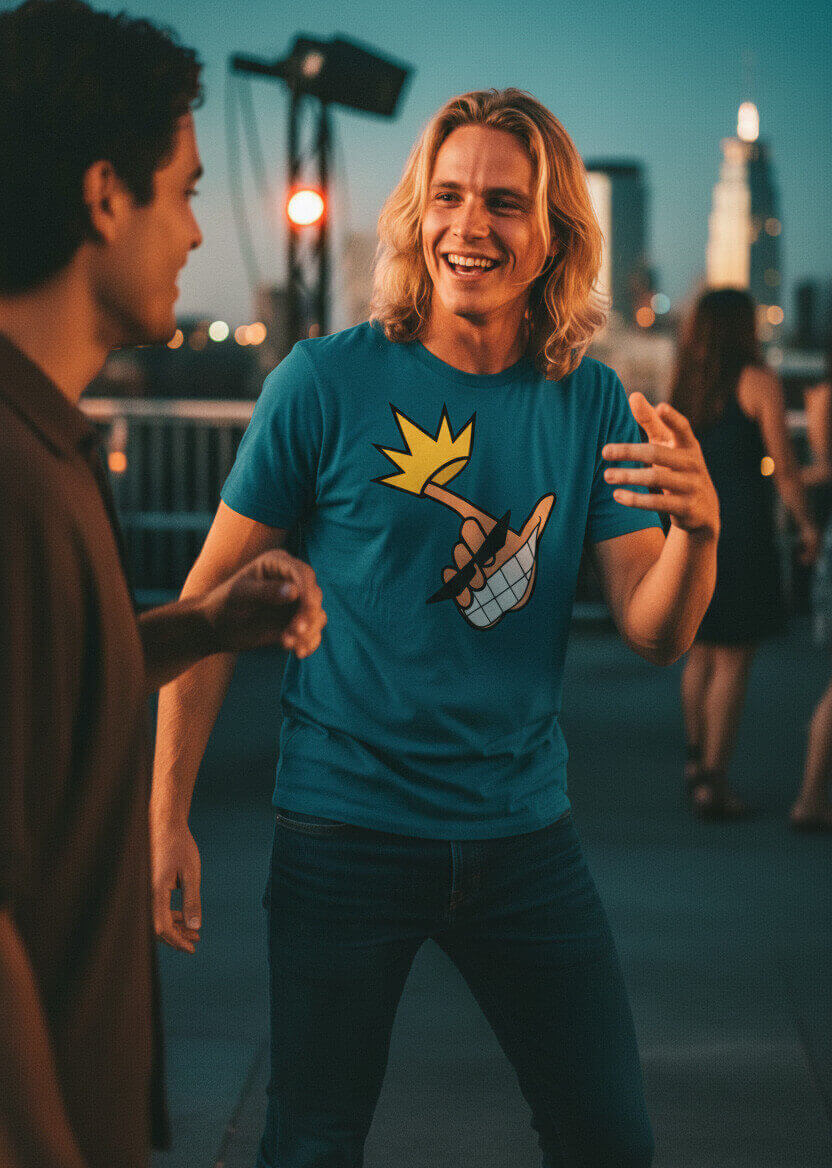 Man laughing and talking with a friend at a rooftop party, wearing the blue Sovereign Emblem "Hand King" t-shirt.