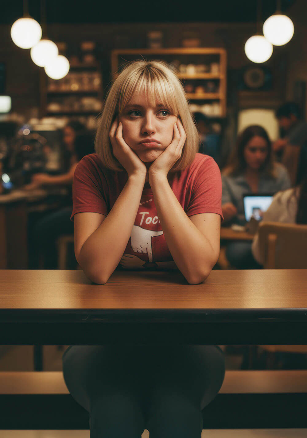 Model looking extremely bored while waiting at a table in a cafe, wearing the Vintage red Heather Sovereign Emblem "Tick... Tock..." t-shirt.