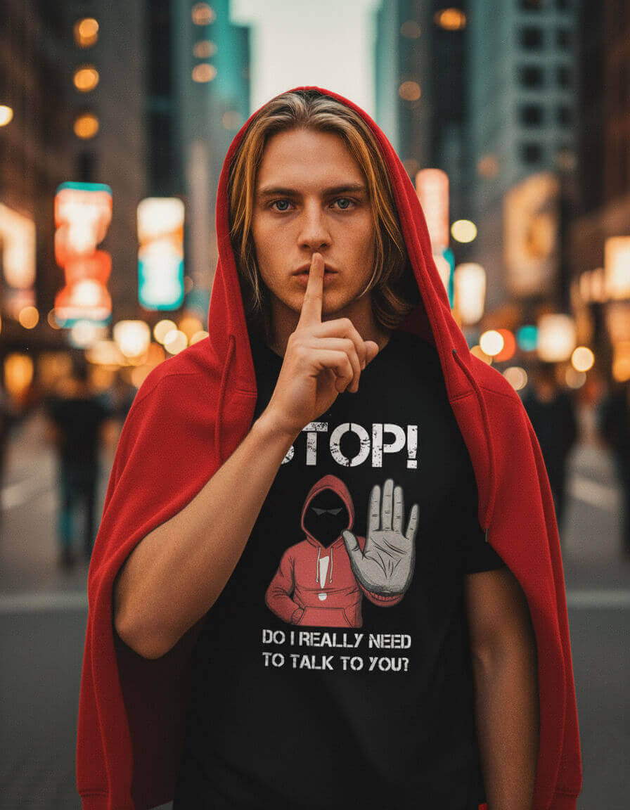 Model in a red hoodie and the Sovereign Emblem introvert t-shirt, making a "be quiet" hush gesture on a city street at night.