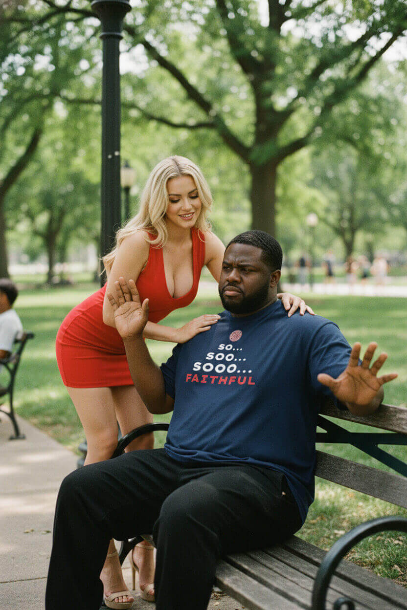 A man in a blue 'So... Sooo... Faithful' t-shirt humorously resists temptation from a woman on a park bench.