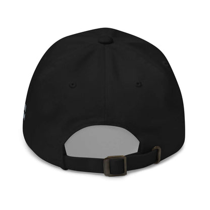 Back view of the black Sovereign Grin dad cap, showing the adjustable fabric strap and antique brass buckle.