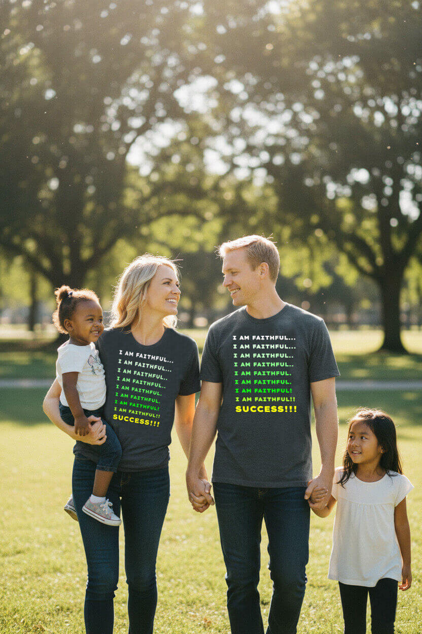 A multiracial family walking in a park, with the parents wearing matching Onyx Heather 'I AM FAITHFUL... SUCCESS!!' t-shirts.