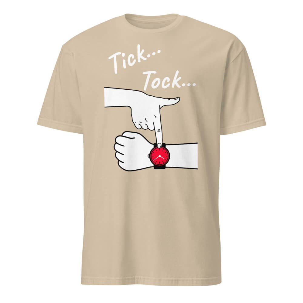 Sovereign Emblem "Impatient "Tick Tock" Tee" in Beige.